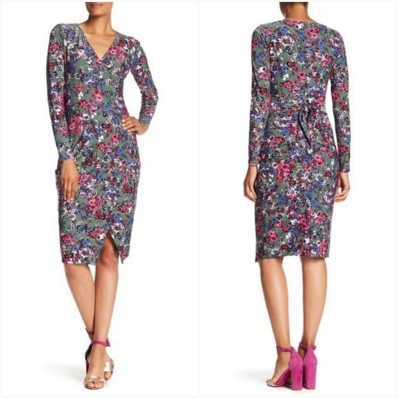 RACHEL Rachel Roy Surplice V-neck Floral Print Long Sleeve Belted Dress Small - Picture 1 of 12